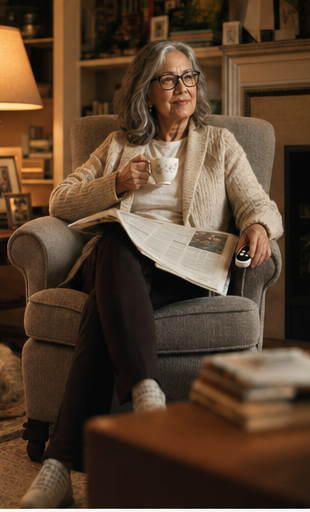 Seated in an armchair using the remote